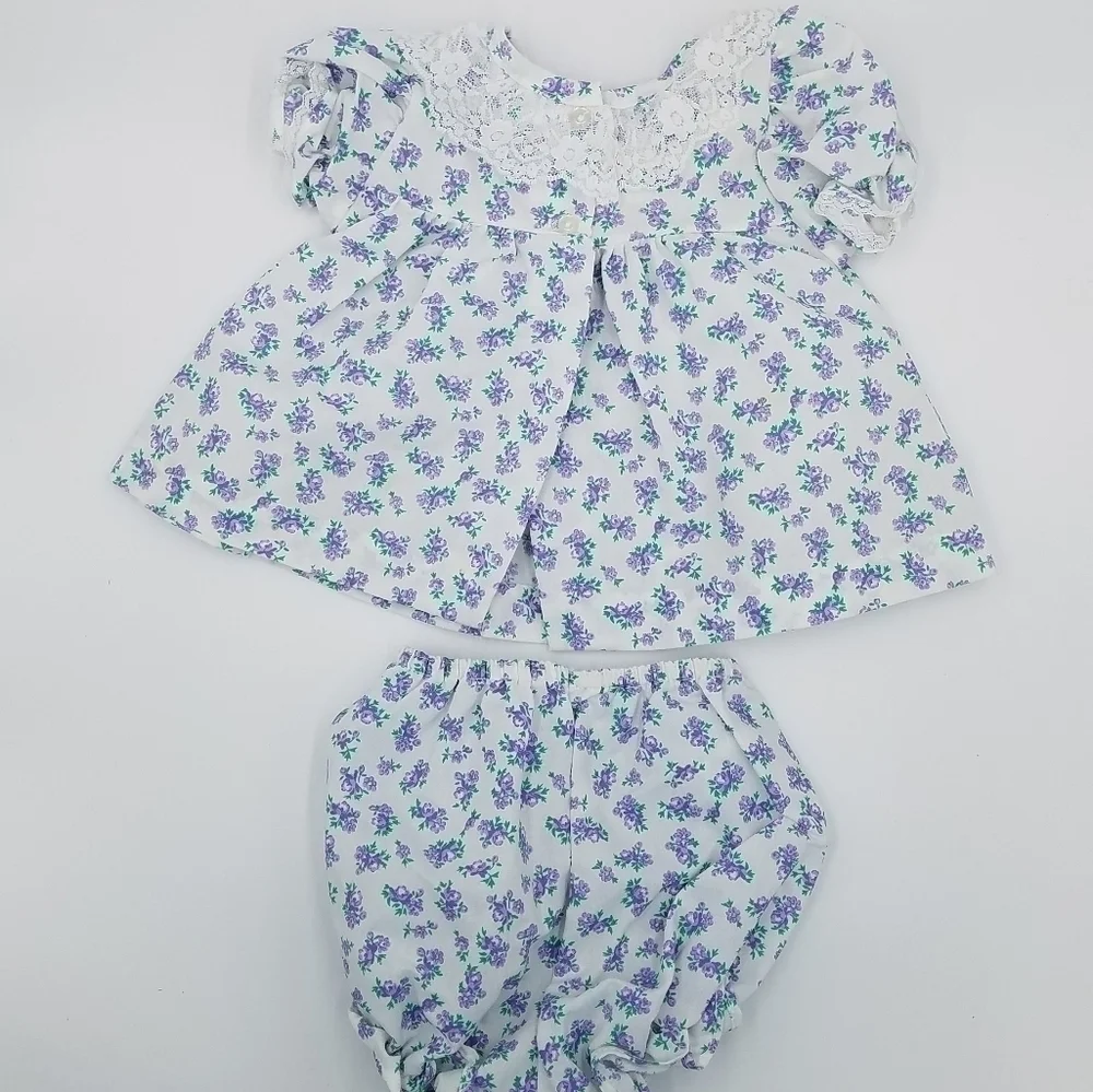 Vintage Little Miracles Dress Bloomer Lace Floral Flower Print Set 3-6m